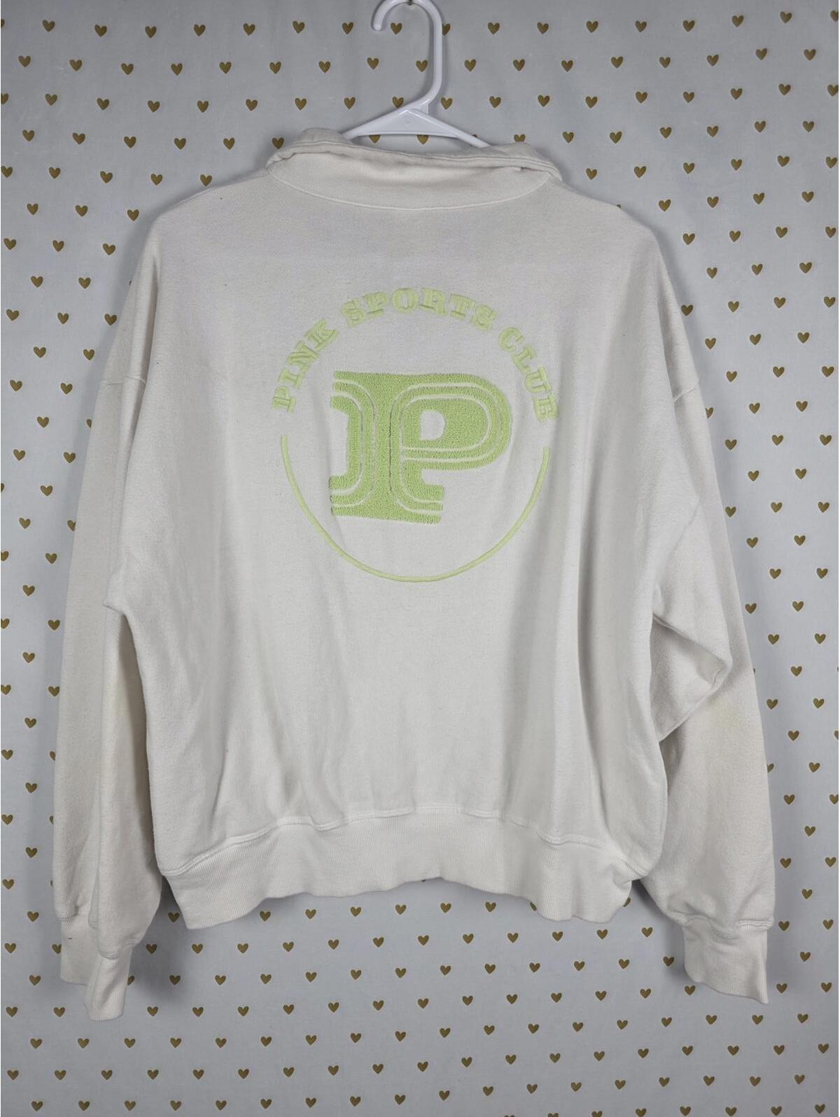 Victorias Secret Pink White Full Zip Neon Green Logo Sweater Jacket Medium